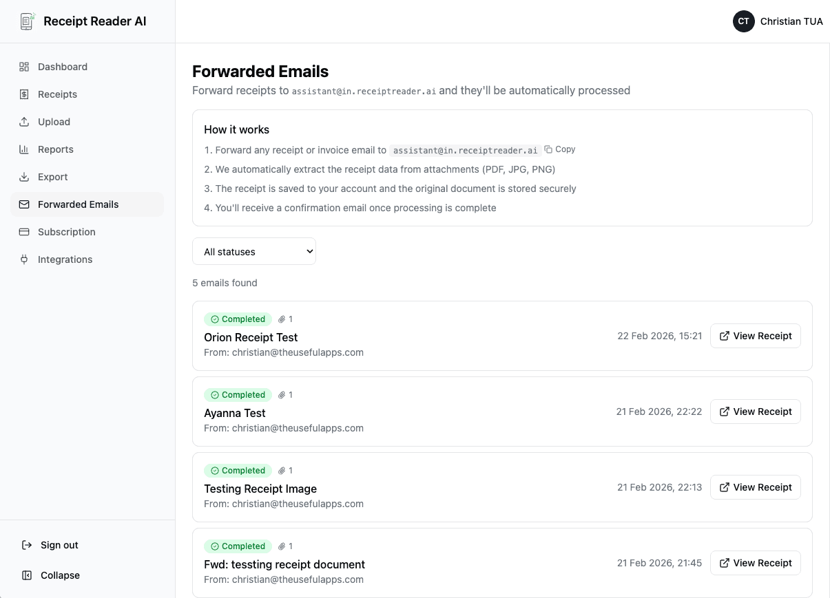 Receipt Reader AI email forwarding dashboard