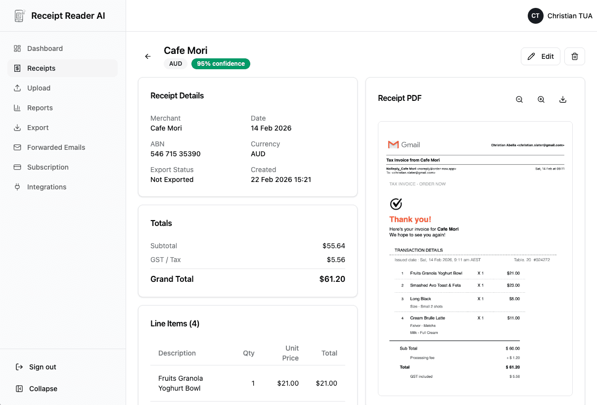 Receipt Reader AI dashboard showing receipt scanning and data extraction