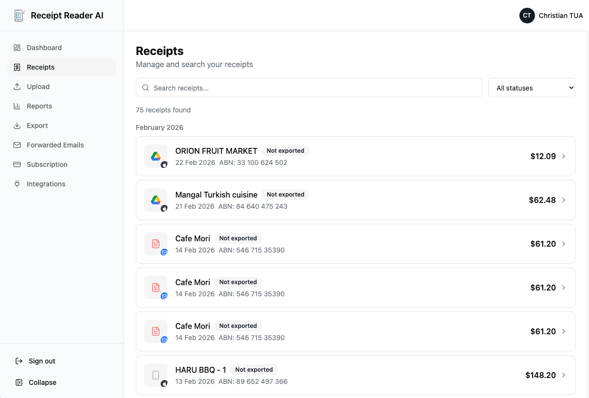 Receipt Reader AI receipts list showing scanned receipts with thumbnails, merchant names, amounts, and categories